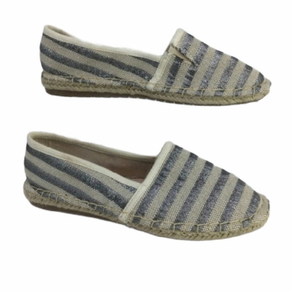 Espadrille Slip On Shoe Canvas Silver Stripes Metallic Women's Size 6.5 NWT - Picture 1 of 9